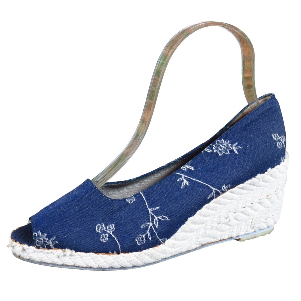 Evan Picone Women Heel Size 6.5 Casual Floral Espadrille Wedge Blue Fabric